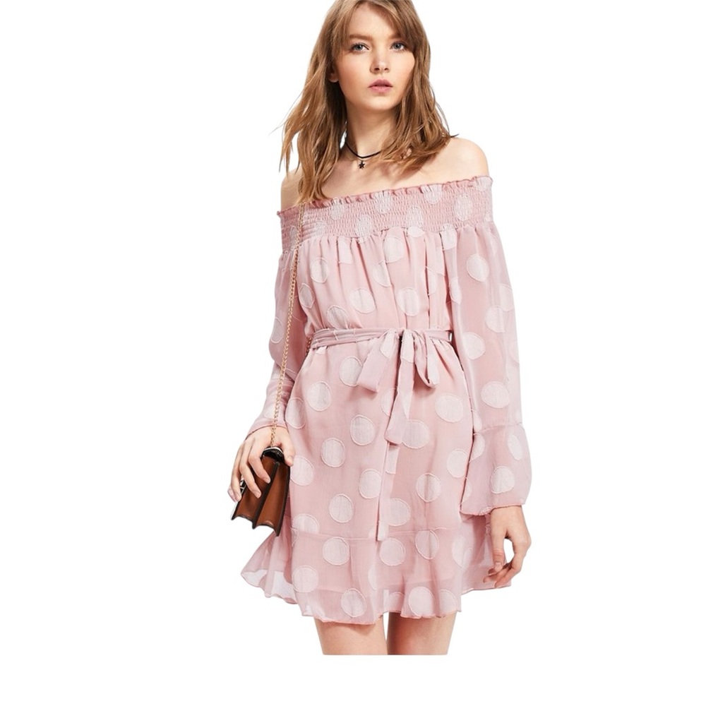 NWT Goodnight Macaroon Pink Lined Off The Shoulder Dress Size Medium Polka Dots